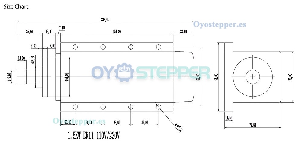 Motor de husillo CNC de 1,5kW ER11/ER16 110V/220V 24000rpm refrigerado por aire con conector de aviaci&oacute;n